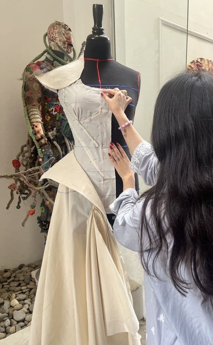 A designer draping fabric on a dress form